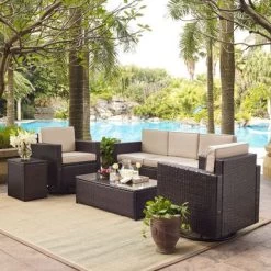 Palm Harbor 5 Piece Outdoor Wicker Sofa Conversation Set With Sand Cushions - Brown