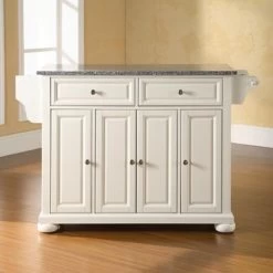 Alexandria Solid Granite Top Kitchen Island In White Finish - Stationary - White - Granite