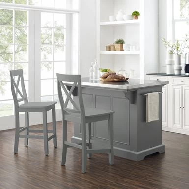 Julia Stainless Steel Top Island W/X-Back Stools - 50 "W X60 "D X41 "H - With Seating - Gray - Stainless Steel - Image 2