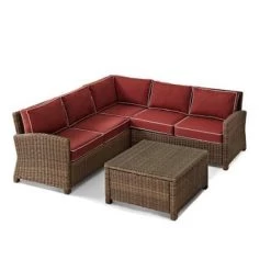 Crosley Furniture Bradenton 4-Piece Outdoor Wicker Seating Set With Sangria Cushions - Right Corner Loveseat, Left Corner Loveseat, Corner Chair, Sectional Glass Top Coffee Table