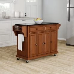 Full Size Solid Black Granite Top Classic Cherry Finish Kitchen Cart - N/A - Kitchen Cart - Wood - Cherry