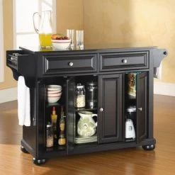 Alexandria Granite Top Full Size Kitchen Island/Cart - Stationary - Black - Wood