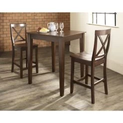 3 Piece Pub Dining Set With Tapered Leg And X-Back Stools In Vintage Mahogany - Mahogany