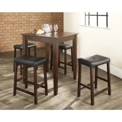 Cherry Finish Wood Pub Table And Upholstered Saddle Stool Set (Set Of 5) - Mahogany