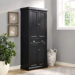 Seaside Kitchen Pantry In Distressed Black Finish - Black