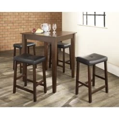 Crosley Furniture Cherry Finish Wood Pub Table And Upholstered Saddle Stool Set (Set Of 5) - 5 Piece Pub Dining Set With Tapered Legs/Stools