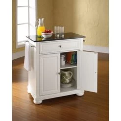 Alexandria Solid Black Granite Top Portable Kitchen Island In White Finish - Portable - White