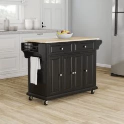 Full Size Black Finish Natural Wood Top Kitchen Cart/ Island - N/A - Kitchen Cart - Wood - Black