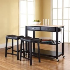 Crosley Furniture Black Natural Wood Top Kitchen Cart And Island With Black 24-inch Upholstered Saddle Stools - Black