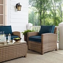 Bradenton Outdoor Wicker Arm Chair With Navy Cushions - Brown