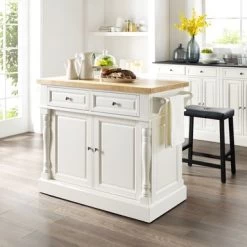 Oxford Kitchen Island With Upholstered Saddle Stools - With Seating - White - Wood