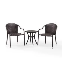 Palm Harbor 3 Piece Outdoor Wicker Cafe Seating Set In Brown-- 2 Stacking Chairs And Round Side Table - Brown