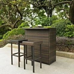 Palm Harbor 3 Piece Outdoor Wicker Bar Set - Brown - 3-Piece Sets