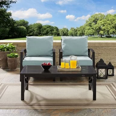 Kaplan 3 Pc Outdoor Seating Set With Mist Cushion - Two Outdoor Chairs, Coffee Table - 50"W X 71.5"D X 36"H - 50"W X 71.5"D X 36"H - Mist