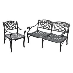 Sedona 2 Piece Cast Aluminum Outdoor Conversation Seating Set - Loveseat & Club Chair Black Finish - Black