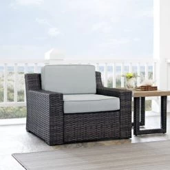 Beaufort Outdoor Espresso All-Weather Wicker Arm Chair With Mist Cushions - 37 W X 37 D X 31.5 H - 37 W X 37 D X 31.5 H - Mist