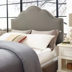 Preston Camelback Upholstered Full/Queen Headboard In Shadow Gray Linen - Queen