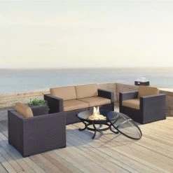 Biscayne 5-piece Mist Wicker Outdoor Seating Set Of Two Armchairs, Two Corner Chairs, And Ashland Firepit - Mocha