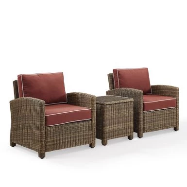 Bradenton Outdoor All-Weather Wicker 3-Piece Conversation Set With Sangria Cushions - Sangria - Image 4
