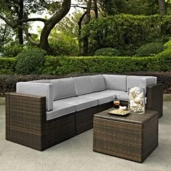 Palm Harbor 6 Piece Outdoor Wicker Seating Set With Grey Cushions - 76 W X 76 D X 30.5 H - 76 W X 76 D X 30.5 H - Brown