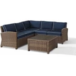 Crosley Furniture Bradenton 4-Piece Outdoor Wicker Seating Set With Navy Cushions - Right Corner Loveseat, Left Corner Loveseat, Corner Chair, Sectional Glass Top Coffee Table