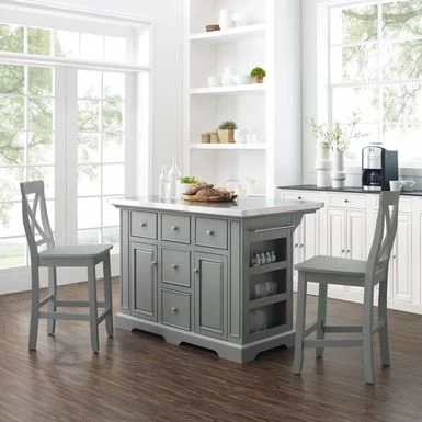 Julia Stainless Steel Top Island W/X-Back Stools - 50 "W X60 "D X41 "H - With Seating - Gray - Stainless Steel