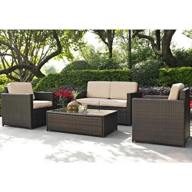 Palm Harbor 4 Piece Outdoor Wicker Seating Set With Sand Cushions - Brown