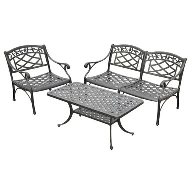 Sedona 3 Piece Cast Aluminum Outdoor Conversation Seating Set - Loveseat, Club Chair & Cocktail Table Black Finish - Black - Image 3