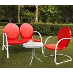 Griffith 3 Piece Metal Outdoor Conversation Seating Set - Loveseat & Chair In Red Finish With Side Table In White Finish - Red